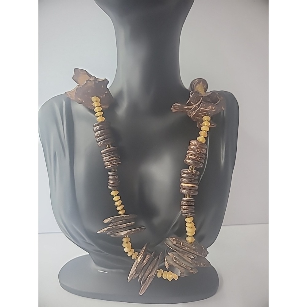 Vintage‎ Necklace Statement Beaded Wooden Brown Tan Jewelry Costume